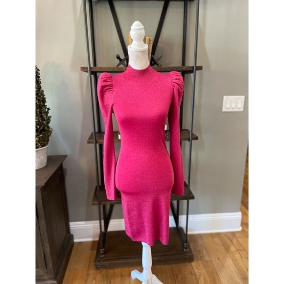 Alice + Olivia Issa Turtleneck Puff Sleeve Dress Wild Pink Metallic Womens Size - Picture 3 of 12